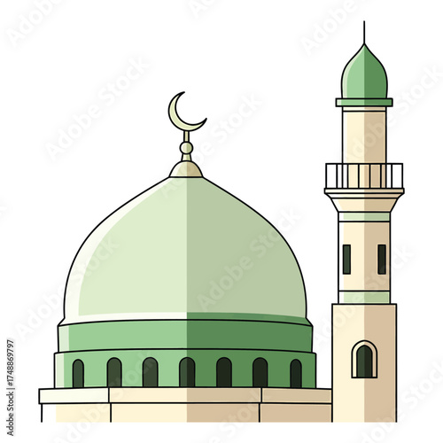 Beautiful Islamic Mosque with crescent moon shining brightly for Ramadan illustration