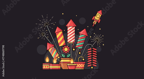 Festive Diwali Celebration Illustration with Traditional Decorations and Fireworks for Cultural Events and Graphic Design Projects