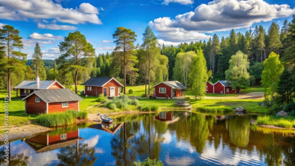 Fototapeta premium Serene Summer Landscape of Red Cabins by Tranquil Blue Lake
