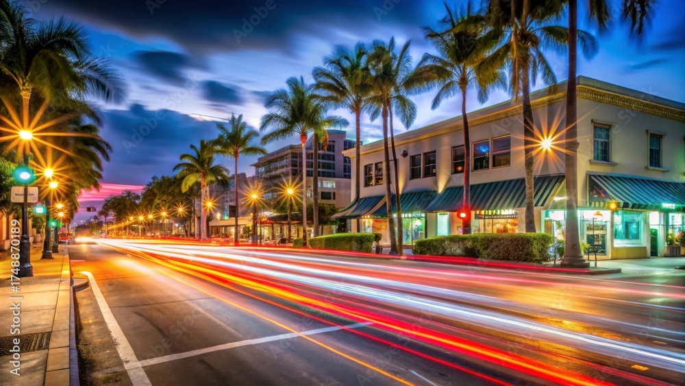 Obraz premium Vibrant City Street at Dusk with Palm Trees and Light Trails