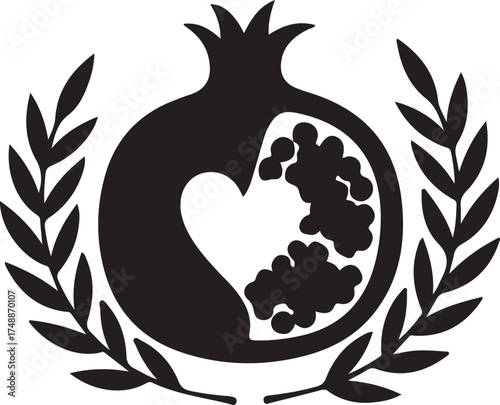 Black Silhouette of Pomegranate with Heart and Laurel Wreath vector illustration