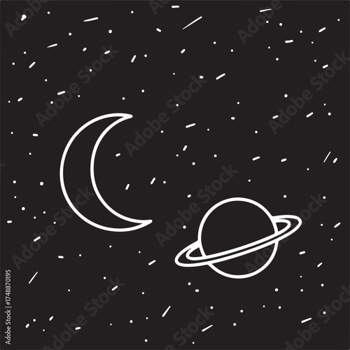 Hand Drawn Crescent Moon and Saturn in Starry Night Sky space stars