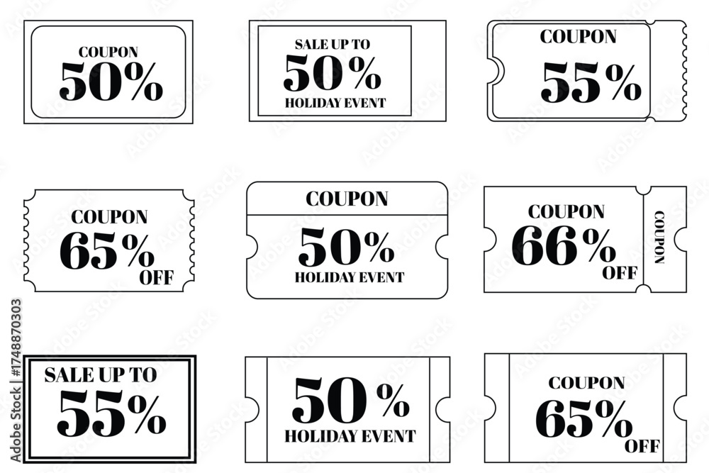 Fototapeta premium Blue Coupon & Voucher Icon Set — Modern Discount Ticket, Gift Card, and Promotion Templates with QR Code and Barcode