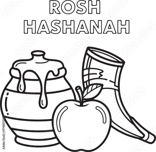 Rosh Hashanah symbols apple honey pot and shofar outline drawing jewish new year holiday