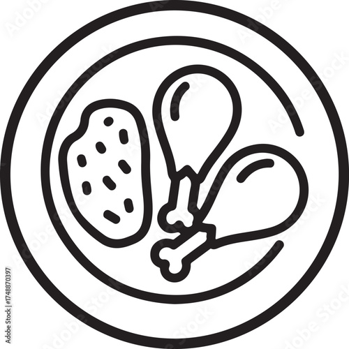 Simple line art icon of a plate with chicken legs and potatoes food