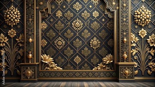 Ornate Gold Floral Patters on Dark Blue Wall with Wooden Floor