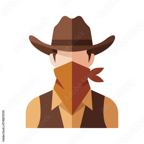 Cowboy face wearing hat and red scarf, representing wild west ranch and masculine lifestyle
