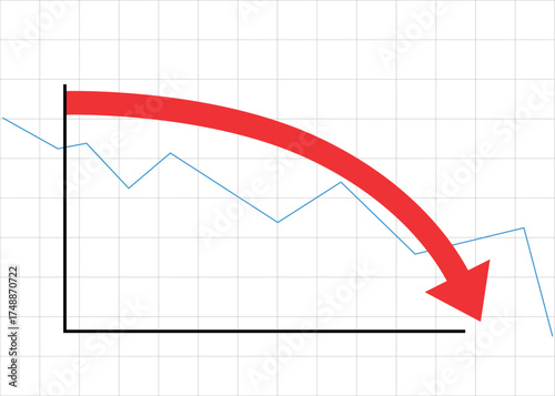 Curved Arrow Graph Falling Down with Line Chart on Grid Background Representing Business Decline, Trading Loss, and Economic Depreciation