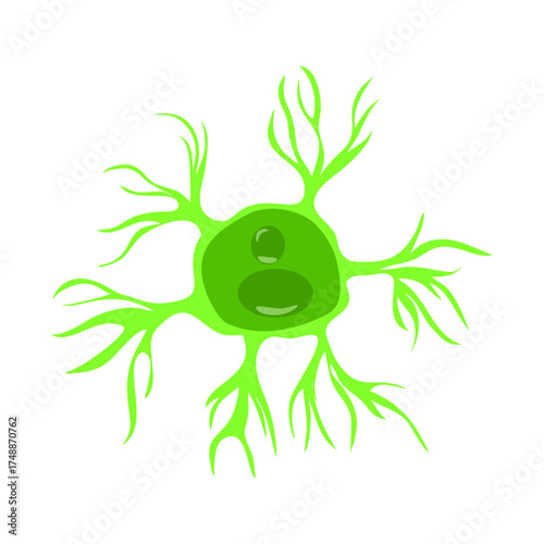 Microglia Cell Illustration, neural network concept conveying brain health and neurological science with bright green cell body and dendrites, originally vector graphics