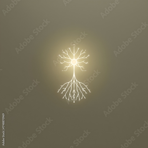 Abstract glowing tree-like design with roots and branches, radiating light against a muted background.