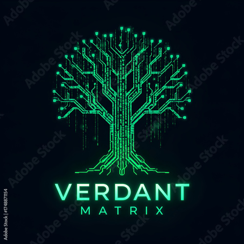 A glowing digital tree logo, representing a verdant matrix concept, on dark background.