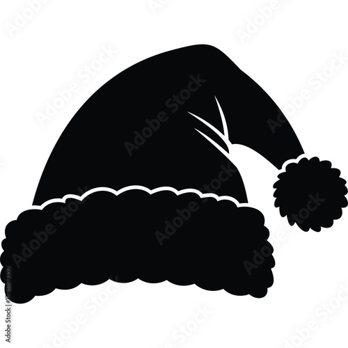 A black silhouette of a santa hat with white trim and pom pom on a white background for christmas cheer