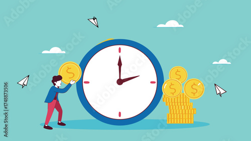 ROI, return on investment or long term investment success, increase in dividends or returns from the costs that have been invested, businessman invests money into big watch to get return profit

