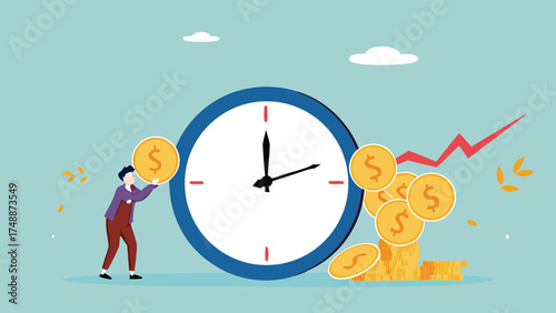 ROI, return on investment or long term investment success, increase in dividends or returns from the costs that have been invested, businessman invests money into big watch to get return profit

