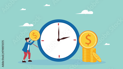 ROI, return on investment or long term investment success, increase in dividends or returns from the costs that have been invested, businessman invests money into big watch to get return profit

