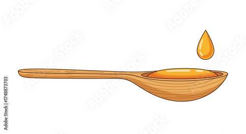 Wooden spoon with honey and a drop of honey next to it.