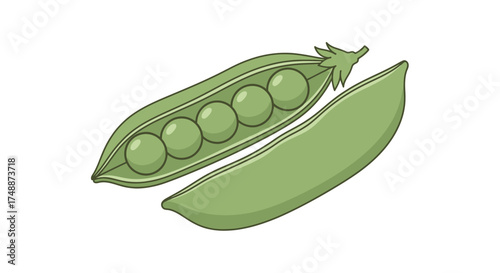 Illustration of open and closed pea pods with green peas inside.