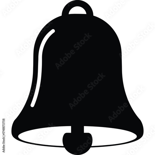 A simple black bell silhouette with a rounded top and a clapper hanging down against a white background