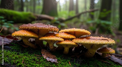 Honey Fungus Cluster in a Lush Forest Setting.