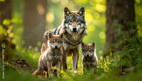 A grey wolf and its two pups stand proudly in a sun-drenched forest, their postures showcasing the bond of family.