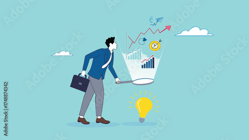 Data scientist, analyze data to produce recommendation and company decision support, analyze data for business insight, businessman analyzing lightbulb idea using magnifying glass for business insight