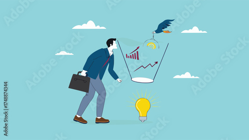 Data scientist, analyze data to produce recommendation and company decision support, analyze data for business insight, businessman analyzing lightbulb idea using magnifying glass for business insight