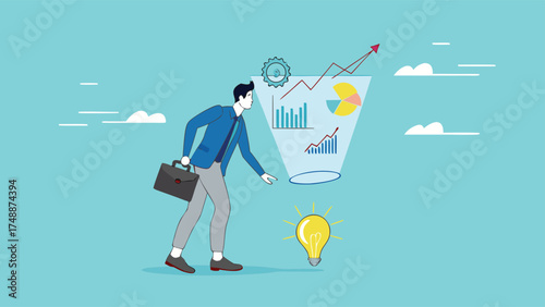 Data scientist, analyze data to produce recommendation and company decision support, analyze data for business insight, businessman analyzing lightbulb idea using magnifying glass for business insight