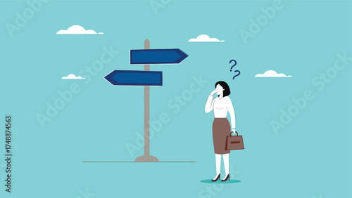 choose a new career path, confused businesswoman about choosing his career direction, make life decision choice, decide the right or wrong direction

