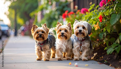 Fototapeta Naklejka Na Ścianę i Meble -  Three Yorkshire Terriers Walking on Sidewalk.