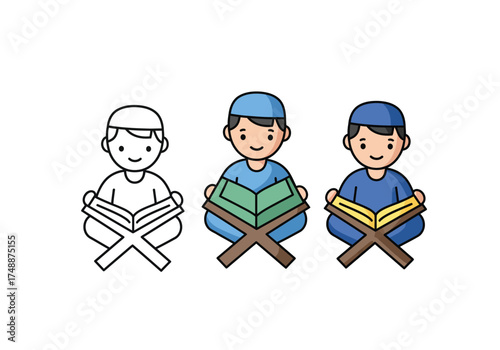 Three cartoon illustrations of a young Muslim boy sitting cross-legged and reading the Quran on a rehal, depicting religious study.