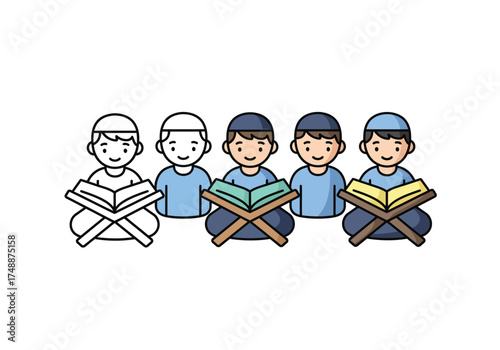 Cartoon illustration depicting young Muslim boys wearing kufi caps, sitting and studying from open books on traditional rehal stands, presented in both outline and color styles.