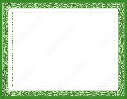 A decorative frame with intricate green Celtic knotwork borders, perfect for certificates or documents.