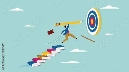 achieving education goals, strategies for achieving success with higher education, courses or skills development, Businesspeople create ladders from books to target educational goals with pencil

