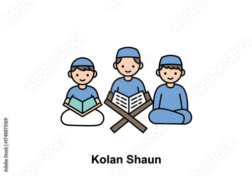 Illustration of three young Muslim boys in blue attire and kufi caps, engaged in Islamic study with holy books, one using a rehal.