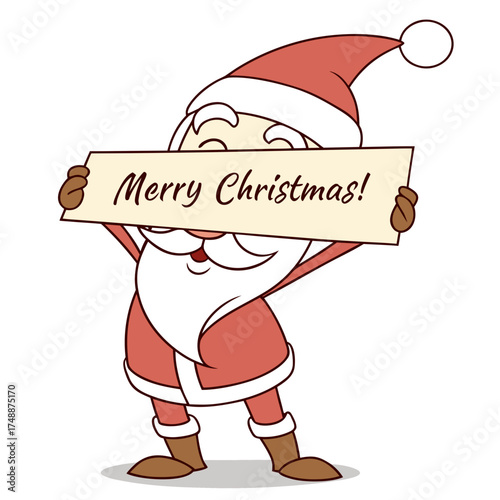 santa claus with merry Christmas sign. Cute Santa Claus holding a wooden sign with "Merry Christmas" text, vector illustration. Christmas silhouette. Santa Claus vector.