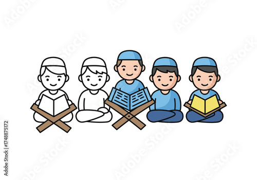 Cartoon illustration of five young Muslim boys reading holy books on rehal stands.