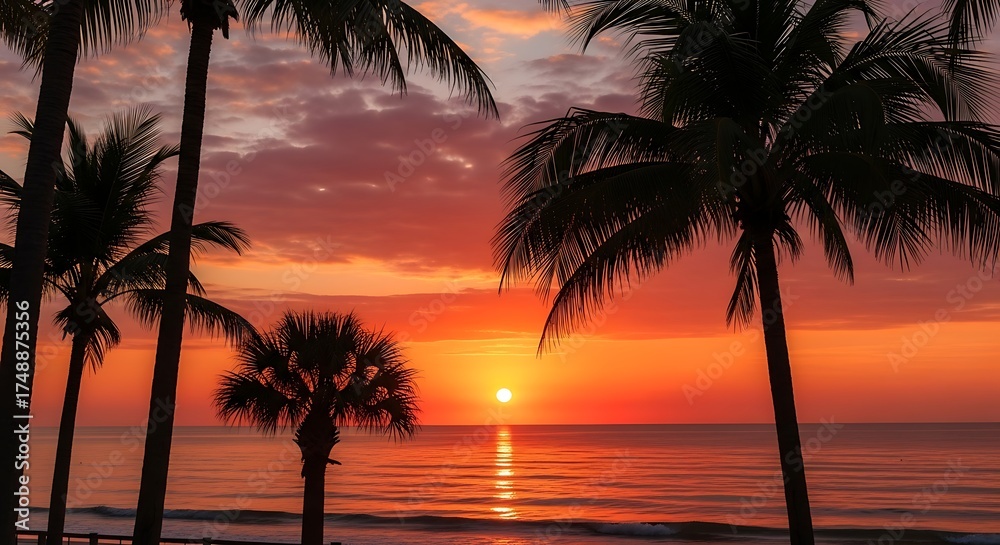 Fototapeta premium Tropical Sunset Serenity - Palm Trees Silhouetted Against a Vibrant Sky.