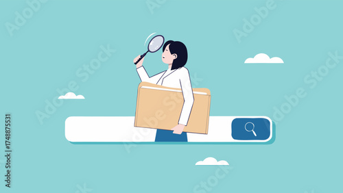 find new job or explore website concept, looking for job vacancies, browse the internet to get information, search concept, woman looking for job information in the search box using magnifying glass

