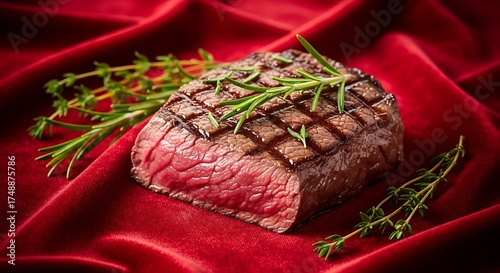 Perfectly Grilled Steak on Red Velvet with Rosemary Garnish.