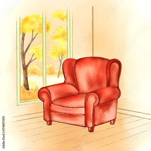 Autumn themed cozy room with red chair hand drawing. Comfortable Red armchair in sunlit room fall season illustration