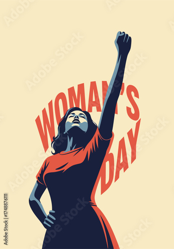 Retro styled vector illustration of an empowered woman with her fist raised, dressed in a red dress on a beige background. The pixelated texture adds a vintage feel, ideal for feminist themes