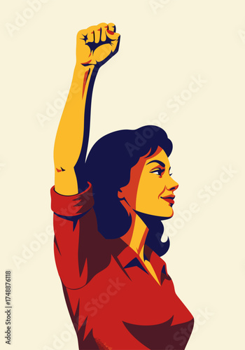 Stylized graphic illustration of a woman raising her fist, symbolizing strength and empowerment. The artwork is rendered in a retro graphic style using a color palette of red, yellow, and blue tones