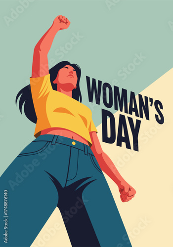 Illustration of an empowered woman raising her fist, created in a retro graphic style, designed as a poster. She is wearing a yellow shirt and blue jeans, symbolizing strength and independence