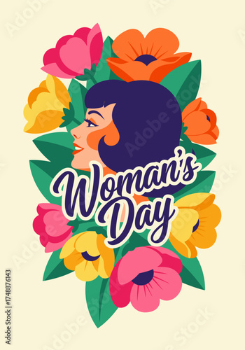 This eye catching vector illustration features a floral portrait design with a woman's profile, vibrant pink, yellow, and orange flowers, and the text Woman's Day in a cream background. Perfect for