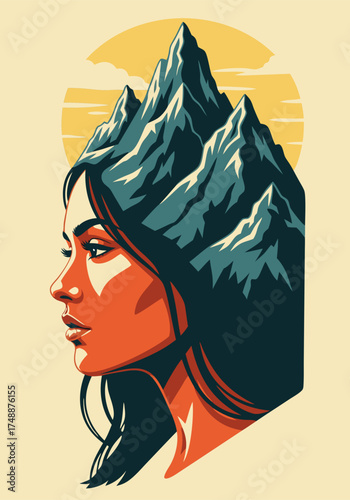 A pixel art style portrait of a person with their hair designed to resemble a mountain range, set against a sun background, created in an earth tone color palette. Pixelated and minimalist design