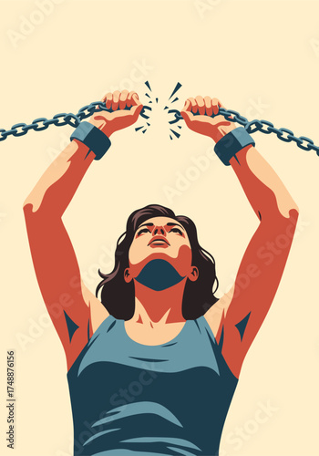 Pixelated image of a woman breaking chains overhead, set against a cream background. Illustrates themes of freedom, strength, and overcoming adversity in a retro aesthetic