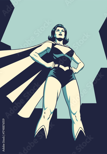 Pixelated illustration of a retro superheroine with a cape in a confident pose. The blue background cityscape enhances her heroic stance in this vintage inspired pop art design