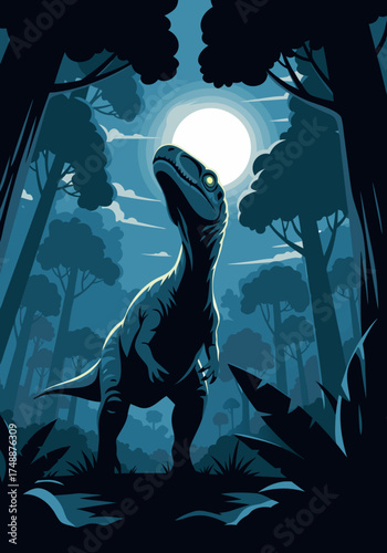 A pixel art style vector image depicts a blue reptile standing in a forest at night, silhouetted against a bright moon. Tall trees surround the reptile, adding depth to the scene