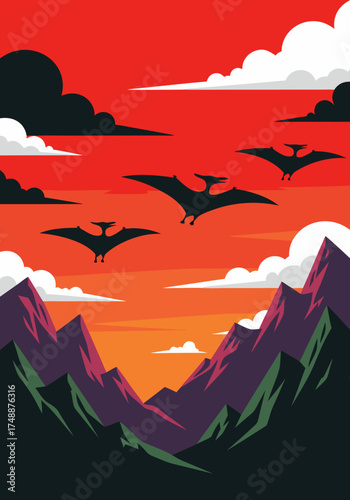 Pixel art illustration featuring silhouetted flying reptiles against a fiery sunset sky with mountain peaks and clouds. Retro style landscape design with dramatic colors