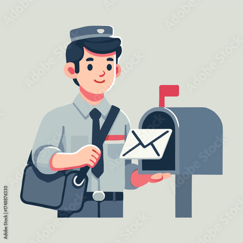 Flat Illustration of Mailman Putting Envelope in Mailbox